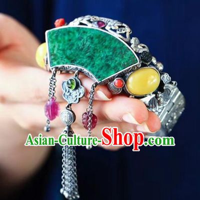 China National Jadeite Bangle Traditional Jewelry Accessories Handmade Retro Silver Carving Bat Bracelet