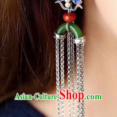 Handmade China Blueing Silver Butterfly Eardrop Jewelry Traditional Cheongsam Accessories National Jade Tassel Earrings