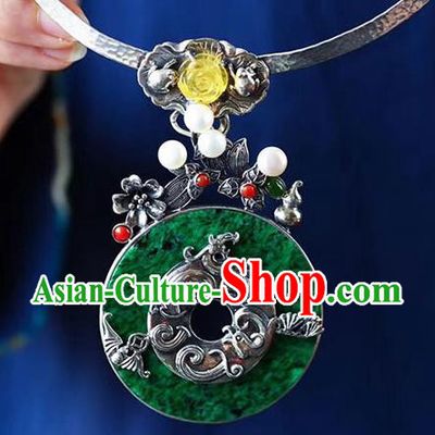 Chinese Classical Jadeite Necklet Pendant Handmade National Topaz Necklace Silver Bat Accessories