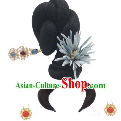 Chinese Traditional Tang Dynasty Flying Apsaras Dance Headwear Classical Dance Wigs Chignon and Blue Silk Flower Hairpin
