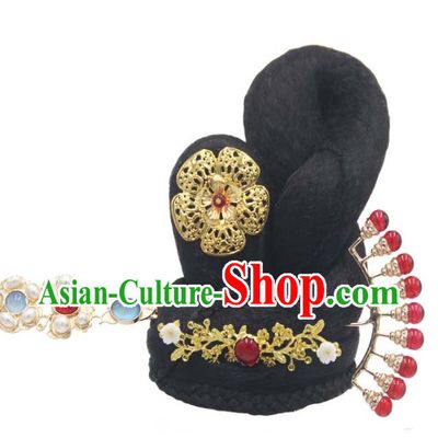 Chinese Classical Dance Wigs Chignon and Hairpin Traditional Tang Dynasty Flying Apsaras Dance Headwear