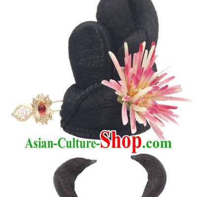 Chinese Traditional Tang Dynasty Wigs Chignon and Pink Silk Flower Hairpin Classical Flying Apsaras Dance Headdress