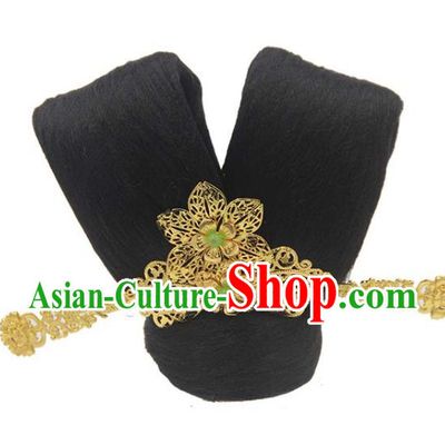 Chinese Traditional Tang Dynasty Palace Lady Wigs Classical Dance Hair Chignon and Tassel Golden Hairpins