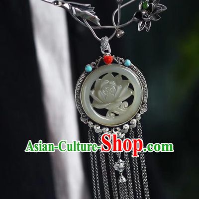 Chinese Classical Silver Tassel Necklet Pendant Handmade Accessories National Jade Carving Lotus Necklace