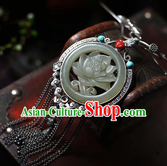 Chinese Classical Silver Tassel Necklet Pendant Handmade Accessories National Jade Carving Lotus Necklace Chinese Classical Silver Tassel Necklet Pendant Handmade Accessories National Jade Carving Lotus Necklace
