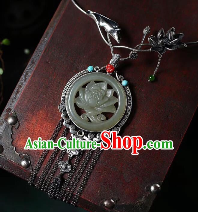 Chinese Classical Silver Tassel Necklet Pendant Handmade Accessories National Jade Carving Lotus Necklace Chinese Classical Silver Tassel Necklet Pendant Handmade Accessories National Jade Carving Lotus Necklace