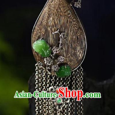 Chinese Classical Eaglewood Necklet Pendant Handmade Jadeite Accessories National Silver Tassel Necklace