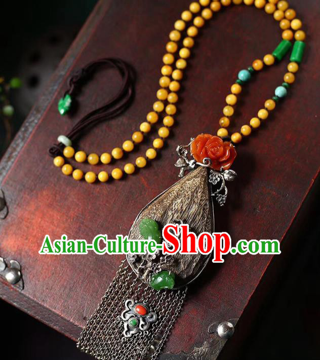 Chinese Classical Eaglewood Necklet Pendant Handmade Jadeite Accessories National Silver Tassel Necklace Chinese Classical Eaglewood Necklet Pendant Handmade Jadeite Accessories National Silver Tassel Necklace