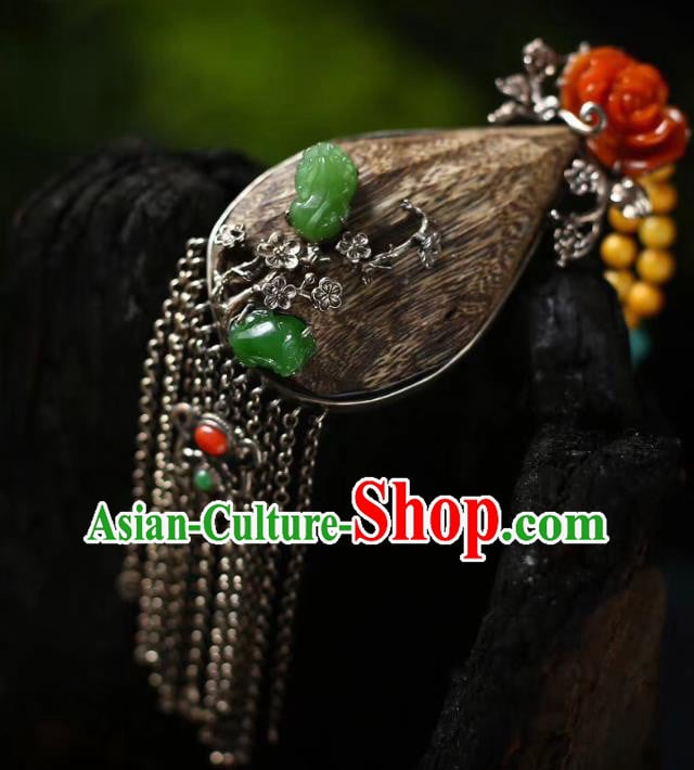 Chinese Classical Eaglewood Necklet Pendant Handmade Jadeite Accessories National Silver Tassel Necklace Chinese Classical Eaglewood Necklet Pendant Handmade Jadeite Accessories National Silver Tassel Necklace