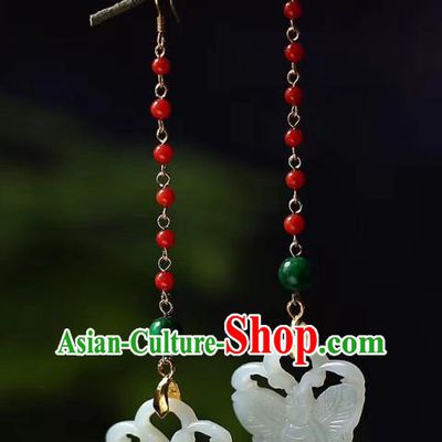Handmade China Wedding Red Beads Eardrop Jewelry Traditional Accessories National Cheongsam Jade Butterfly Earrings