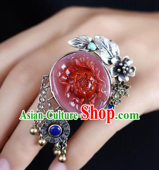 Chinese National Jade Ring Wedding Circlet Jewelry Traditional Handmade Carving Red Peony Accessories Chinese National Jade Ring Wedding Circlet Jewelry Traditional Handmade Carving Red Peony Accessories