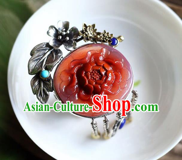 Chinese National Jade Ring Wedding Circlet Jewelry Traditional Handmade Carving Red Peony Accessories Chinese National Jade Ring Wedding Circlet Jewelry Traditional Handmade Carving Red Peony Accessories