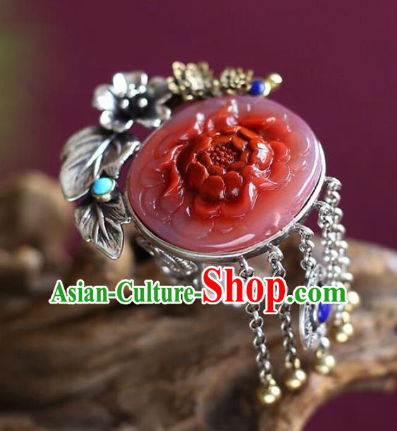 Chinese National Jade Ring Wedding Circlet Jewelry Traditional Handmade Carving Red Peony Accessories Chinese National Jade Ring Wedding Circlet Jewelry Traditional Handmade Carving Red Peony Accessories