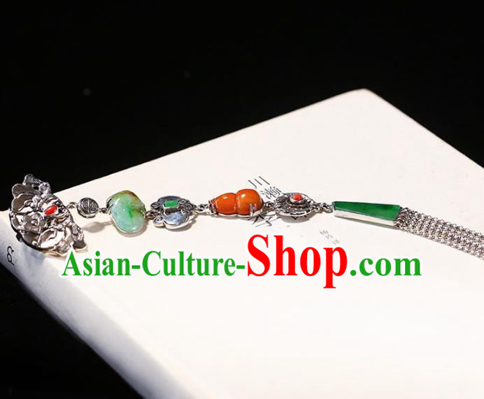 Chinese National Classical Agate Gourd Brooch Accessories Handmade Silver Necklet Tassel Pendant