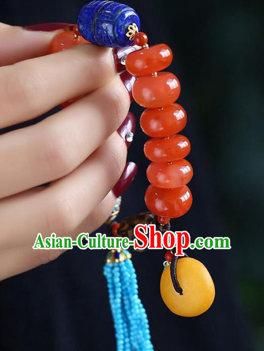 China Handmade Red Bracelet Traditional Lapis Jewelry Accessories National Blue Beads Tassel Bangle China Handmade Red Bracelet Traditional Lapis Jewelry Accessories National Blue Beads Tassel Bangle