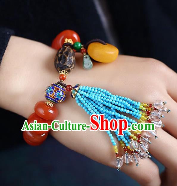 China Handmade Red Bracelet Traditional Lapis Jewelry Accessories National Blue Beads Tassel Bangle China Handmade Red Bracelet Traditional Lapis Jewelry Accessories National Blue Beads Tassel Bangle