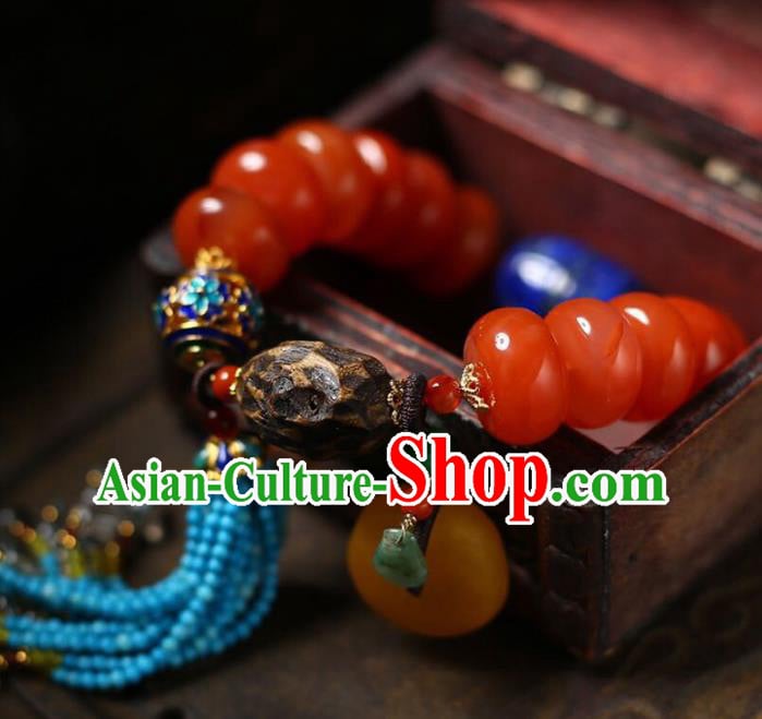 China Handmade Red Bracelet Traditional Lapis Jewelry Accessories National Blue Beads Tassel Bangle China Handmade Red Bracelet Traditional Lapis Jewelry Accessories National Blue Beads Tassel Bangle