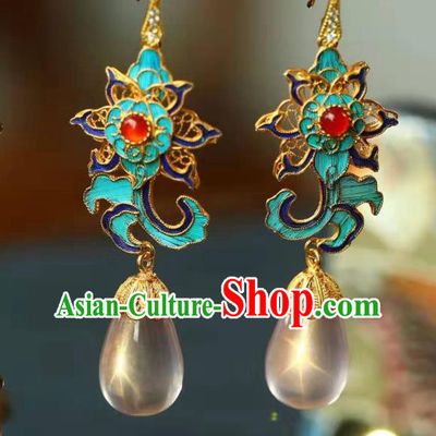 Handmade China Cloisonne Lotus Eardrop Jewelry Traditional Cheongsam Accessories National Rose Quartz Earrings