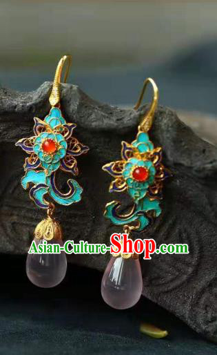 Handmade China Cloisonne Lotus Eardrop Jewelry Traditional Cheongsam Accessories National Rose Quartz Earrings Handmade China Cloisonne Lotus Eardrop Jewelry Traditional Cheongsam Accessories National Rose Quartz Earrings