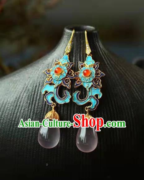Handmade China Cloisonne Lotus Eardrop Jewelry Traditional Cheongsam Accessories National Rose Quartz Earrings Handmade China Cloisonne Lotus Eardrop Jewelry Traditional Cheongsam Accessories National Rose Quartz Earrings