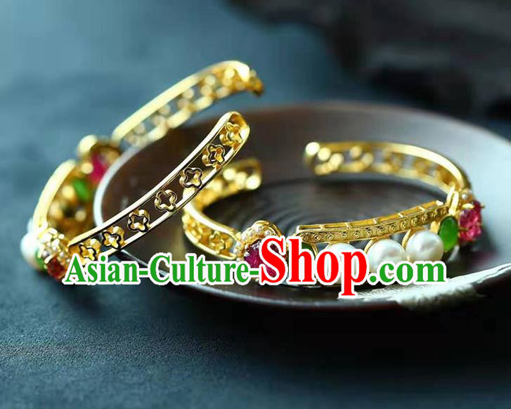China National Golden Bangle Traditional Qing Dynasty Court Jewelry Accessories Handmade Gems Bracelet China National Golden Bangle Traditional Qing Dynasty Court Jewelry Accessories Handmade Gems Bracelet