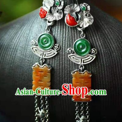 Handmade China Silver Lotus Tassel Eardrop Jewelry Traditional Cheongsam Jade Accessories National Wedding Earrings