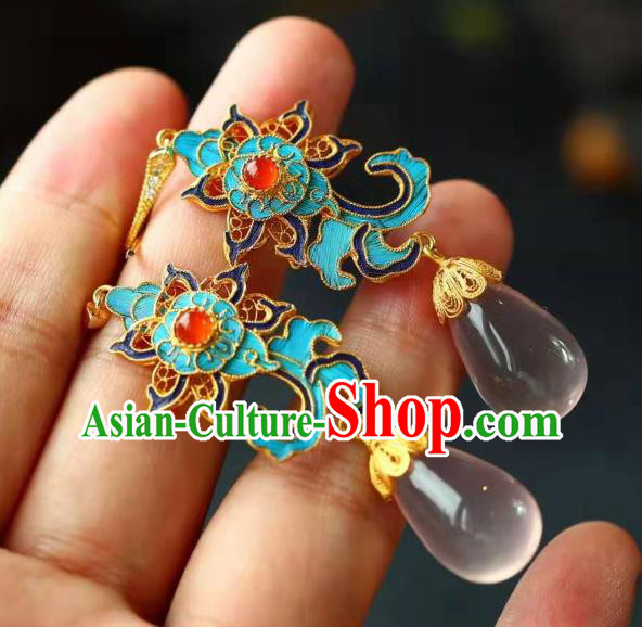 Handmade China Cloisonne Lotus Eardrop Jewelry Traditional Cheongsam Accessories National Rose Quartz Earrings Handmade China Cloisonne Lotus Eardrop Jewelry Traditional Cheongsam Accessories National Rose Quartz Earrings