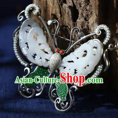 Chinese Handmade Butterfly Breastpin Pendant White Jade Brooch Accessories Traditional Silver Jewelry