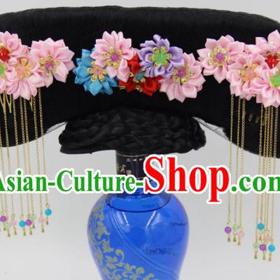 Chinese Qing Dynasty Palace Lady Hair Chignon and Pink Silk Flowers Hairpins Ancient Princess Wigs Great Wing