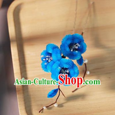 Chinese Qing Dynasty Princess Blue Velvet Plum Hairpin Ancient Court Hair Accessories