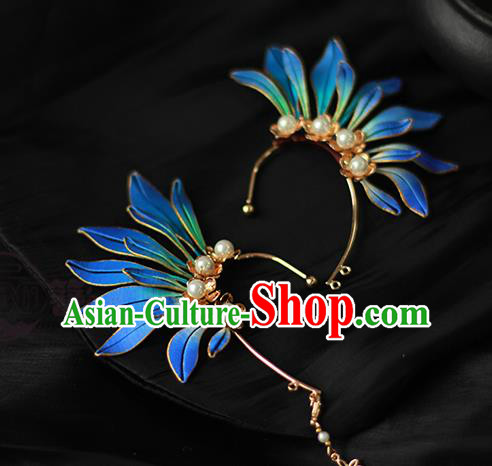 Handmade China Blue Silk Eardrop Jewelry Traditional Accessories National Pearls Earrings Handmade China Blue Silk Eardrop Jewelry Traditional Accessories National Pearls Earrings