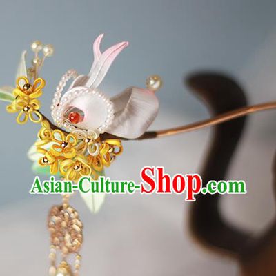 Chinese Traditional Ming Dynasty Hair Accessories Ancient Princess Tassel Hair Stick Silk Osmanthus Rabbit Hairpin