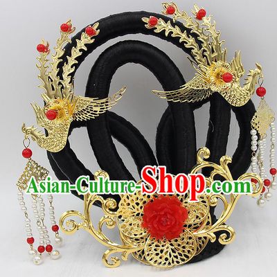 Chinese Ancient Court Lady Wigs Sheath Headwear Tang Dynasty Court Woman Hair Chignon and Golden Phoenix Hairpins
