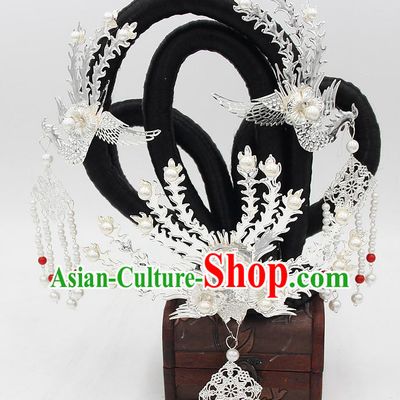 Chinese Tang Dynasty Court Woman Hair Chignon and Argent Phoenix Hairpins Ancient Court Lady Wigs Sheath Headwear