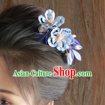 Chinese Ancient Royal Princess Hairpin Traditional Song Dynasty Imperial Consort Blue Silk Peony Hair Comb