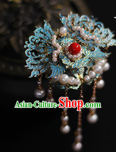 Chinese Traditional Ancient Empress Hair Accessories Ming Dynasty Queen Blueing Phoenix Tassel Hairpin Chinese Traditional Ancient Empress Hair Accessories Ming Dynasty Queen Blueing Phoenix Tassel Hairpin
