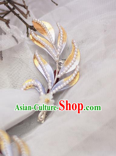 Chinese Ancient Princess Pearls Hair Accessories Traditional Ming Dynasty Silk Leaf Hair Stick Chinese Ancient Princess Pearls Hair Accessories Traditional Ming Dynasty Silk Leaf Hair Stick