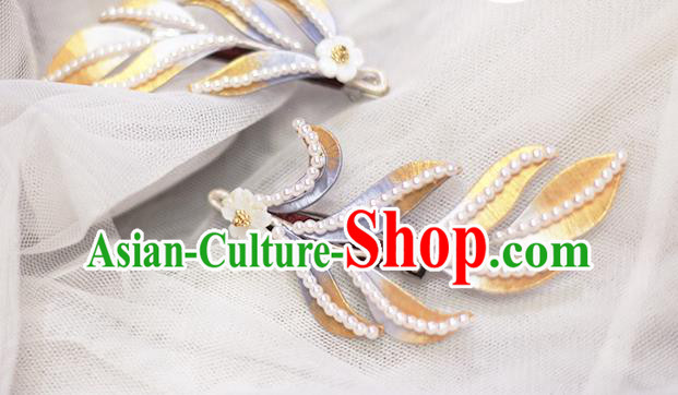 Chinese Ancient Princess Pearls Hair Accessories Traditional Ming Dynasty Silk Leaf Hair Stick Chinese Ancient Princess Pearls Hair Accessories Traditional Ming Dynasty Silk Leaf Hair Stick