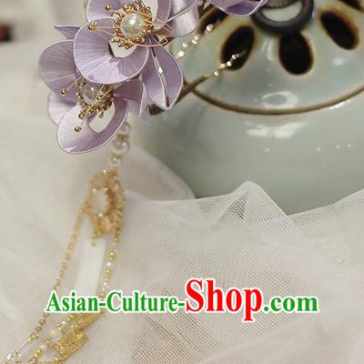 Chinese Ancient Princess Purple Silk Flowers Hairpin Hair Accessories Traditional Tassel Hair Stick