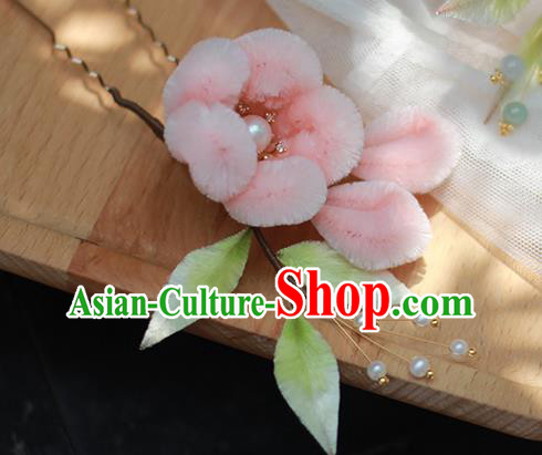 Chinese Traditional Pink Velvet Plum Blossom Hair Stick Hanfu Pearl Hairpin Chinese Traditional Pink Velvet Plum Blossom Hair Stick Hanfu Pearl Hairpin