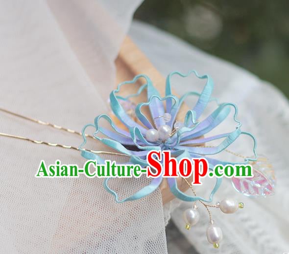 Chinese Traditional Blue Silk Pear Blossom Hairpin Handmade Hair Accessories Classical Hair Stick Chinese Traditional Blue Silk Pear Blossom Hairpin Handmade Hair Accessories Classical Hair Stick