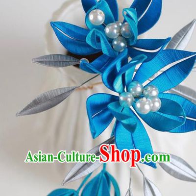 Chinese Handmade Peacock Blue Silk Hair Stick Traditional Song Dynasty Flowers Hairpin Classical Hair Accessories