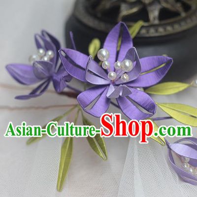 Chinese Handmade Ancient Princess Purple Silk Hair Stick Traditional Song Dynasty Flowers Hairpin
