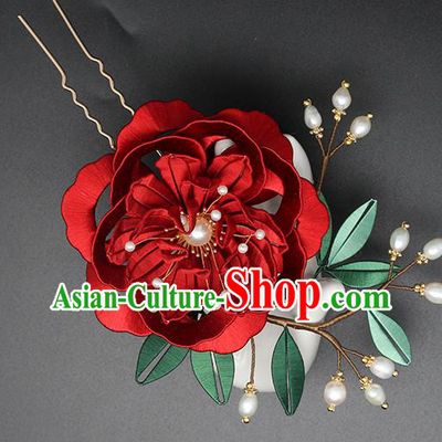 Chinese Traditional Red Silk Peony Hair Stick Hanfu Hair Accessories Handmade Classical Pearls Hairpin