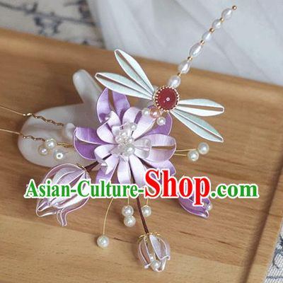 Chinese Handmade Lilac Silk Lotus Dragonfly Hair Stick Ancient Palace Lady Pearls Hairpin