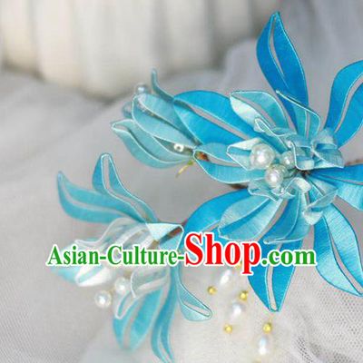 Chinese Handmade Blue Silk Flowers Hairpin Ancient Ming Dynasty Hair Stick