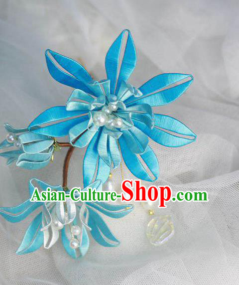 Chinese Handmade Blue Silk Flowers Hairpin Ancient Ming Dynasty Hair Stick Chinese Handmade Blue Silk Flowers Hairpin Ancient Ming Dynasty Hair Stick