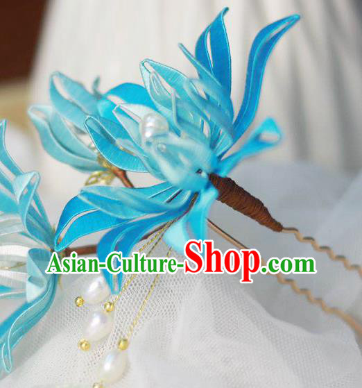 Chinese Handmade Blue Silk Flowers Hairpin Ancient Ming Dynasty Hair Stick Chinese Handmade Blue Silk Flowers Hairpin Ancient Ming Dynasty Hair Stick