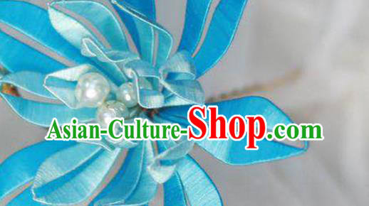 Chinese Handmade Blue Silk Flowers Hairpin Ancient Ming Dynasty Hair Stick Chinese Handmade Blue Silk Flowers Hairpin Ancient Ming Dynasty Hair Stick