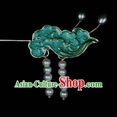 Chinese Traditional Cloisonne Cloud Hairpin Ancient Qing Dynasty Princess Pearls Tassel Green Hair Stick